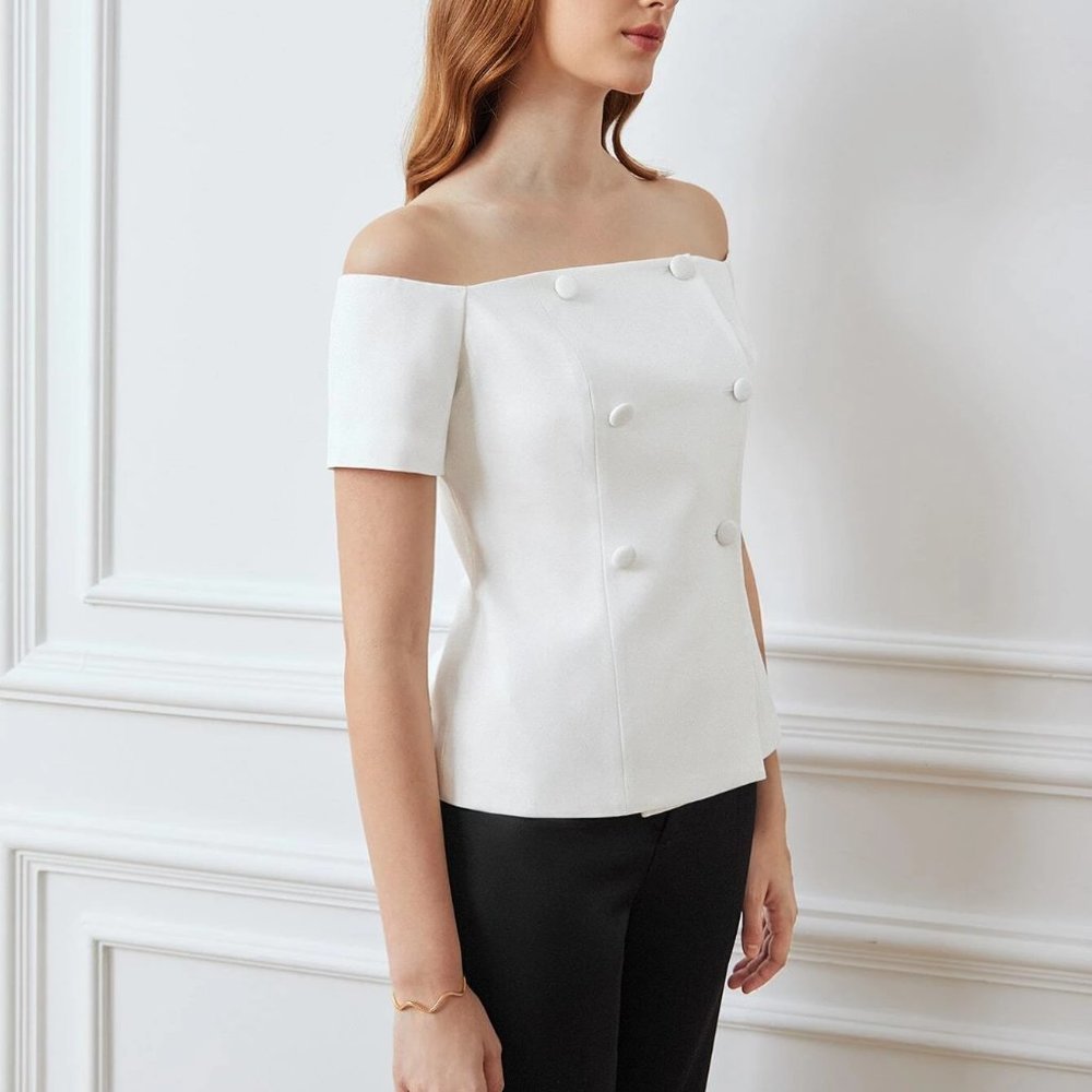 Button Detailed Off Shoulder Blouse White - Picture 4 of 4